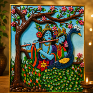 Radha Krishna Clay Wall Art with Peacock