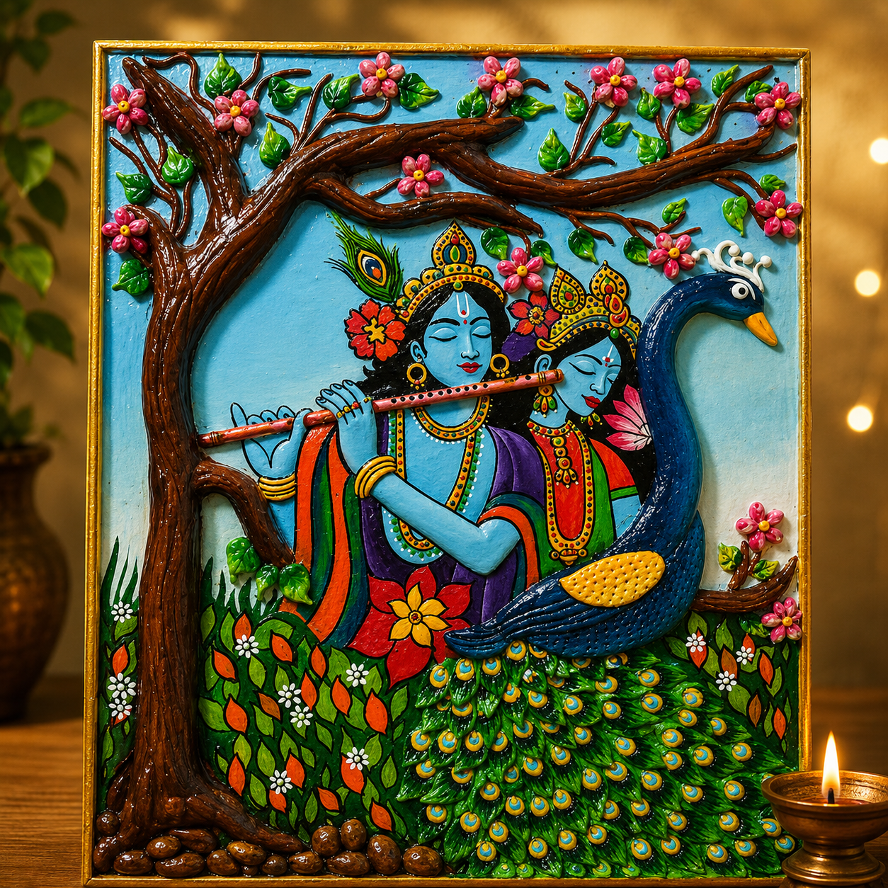 Radha Krishna Clay Wall Art with Peacock